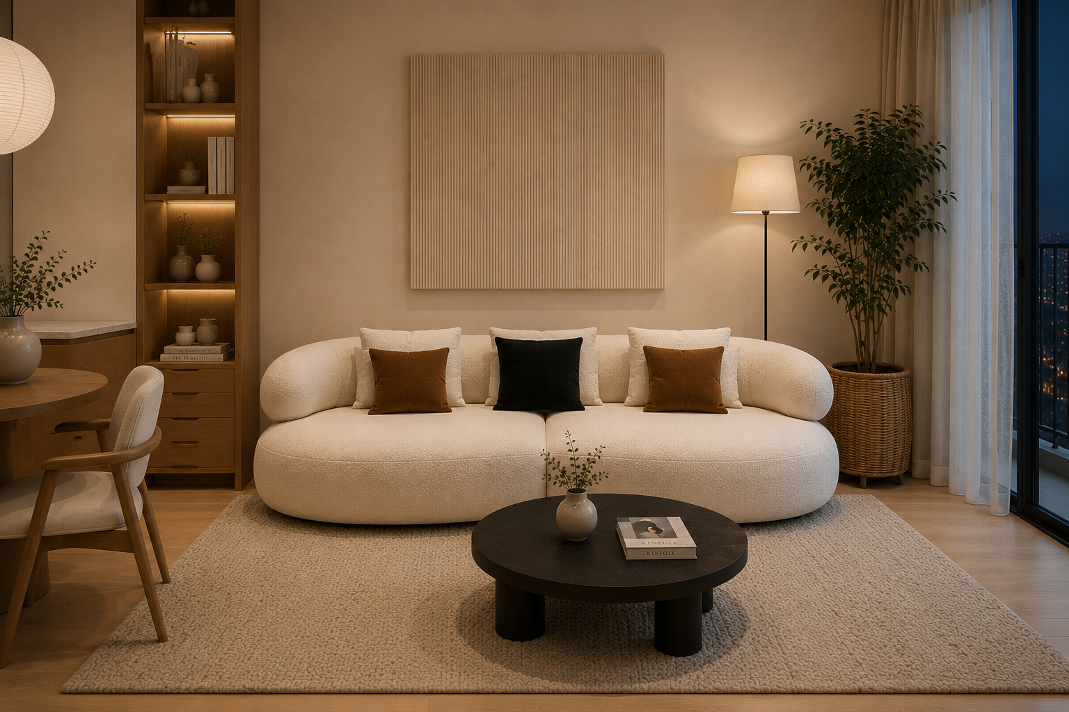 Phòng khách Scandinavian căn hộ cao tầng với sofa bo tròn màu kem và bàn trà đen