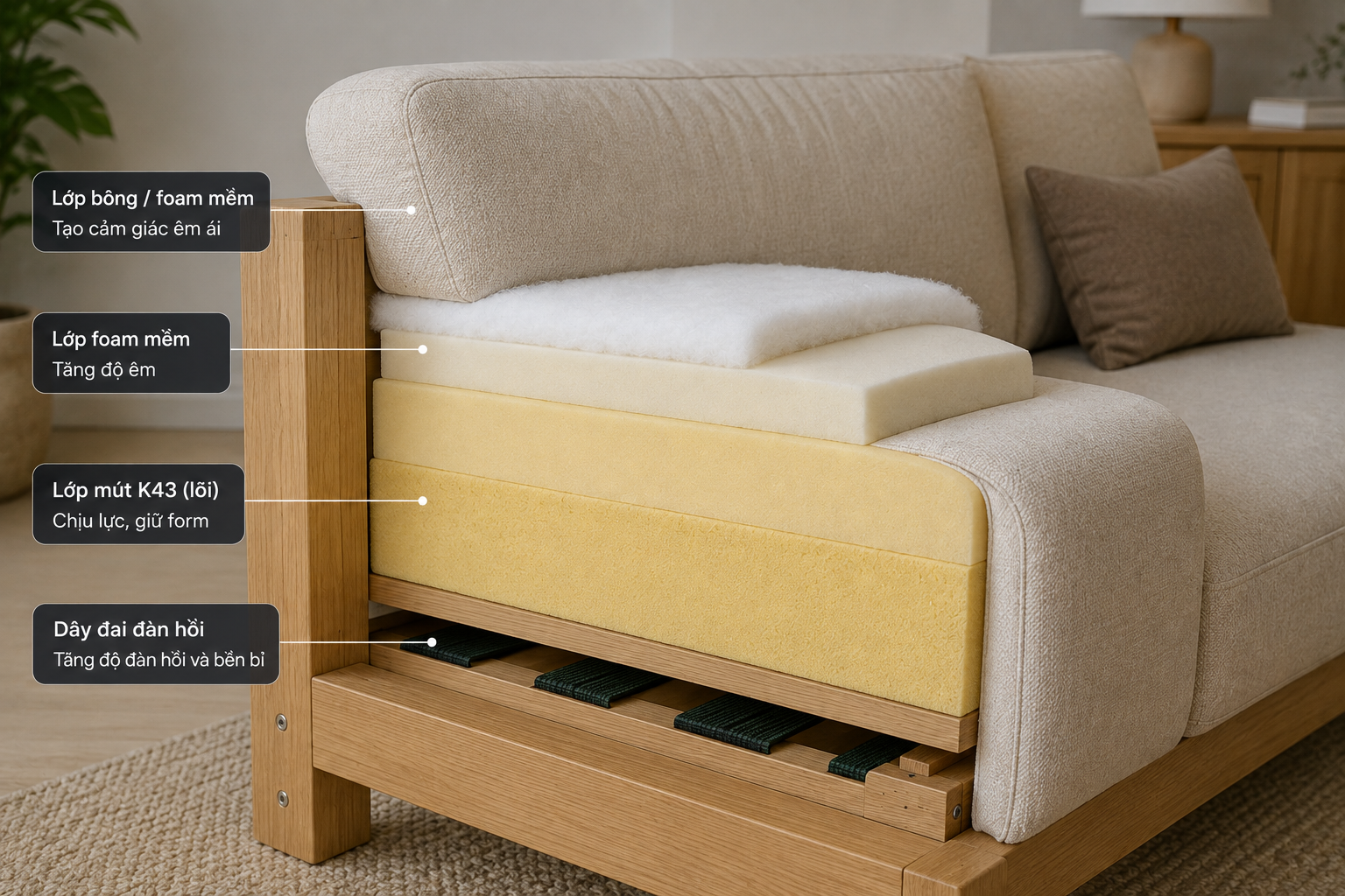 cấu tạo của ghế sofa gồm khung đệm mút và vải