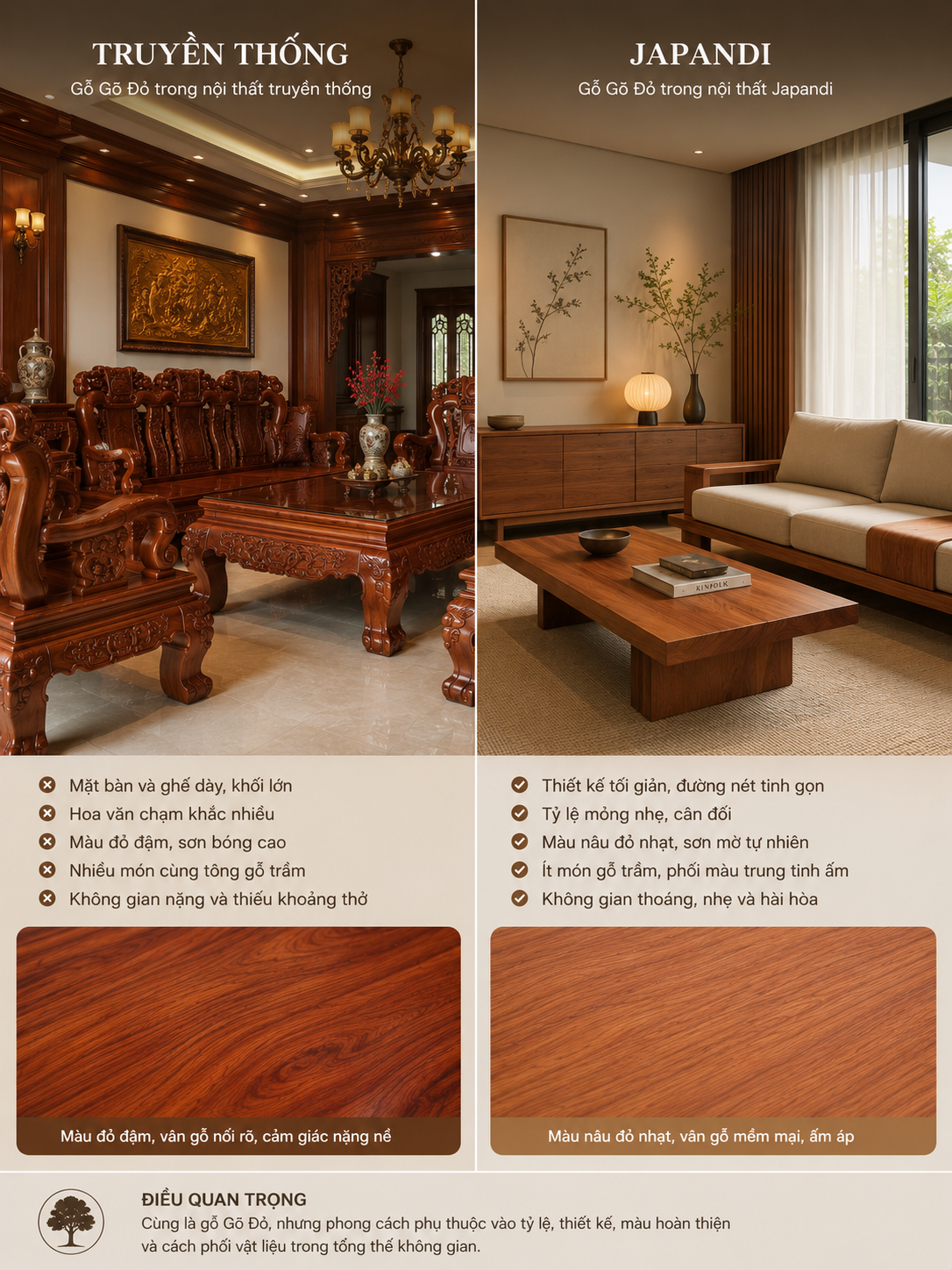 So sánh nội thất Gõ Đỏ truyền thống và thiết kế Gõ Đỏ hiện đại