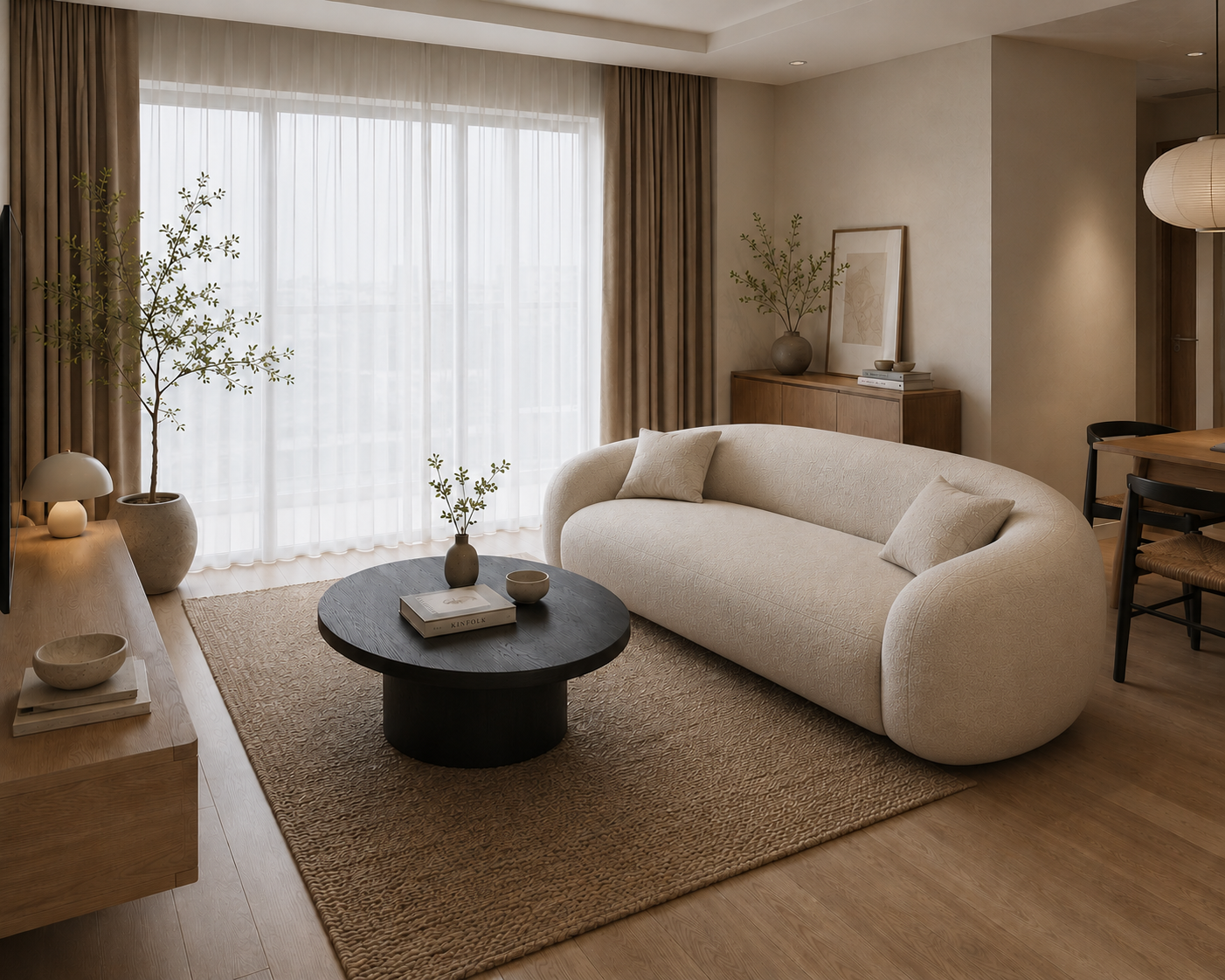 Sofa bo tròn phong cách Organic Modern trong phòng khách chung cư