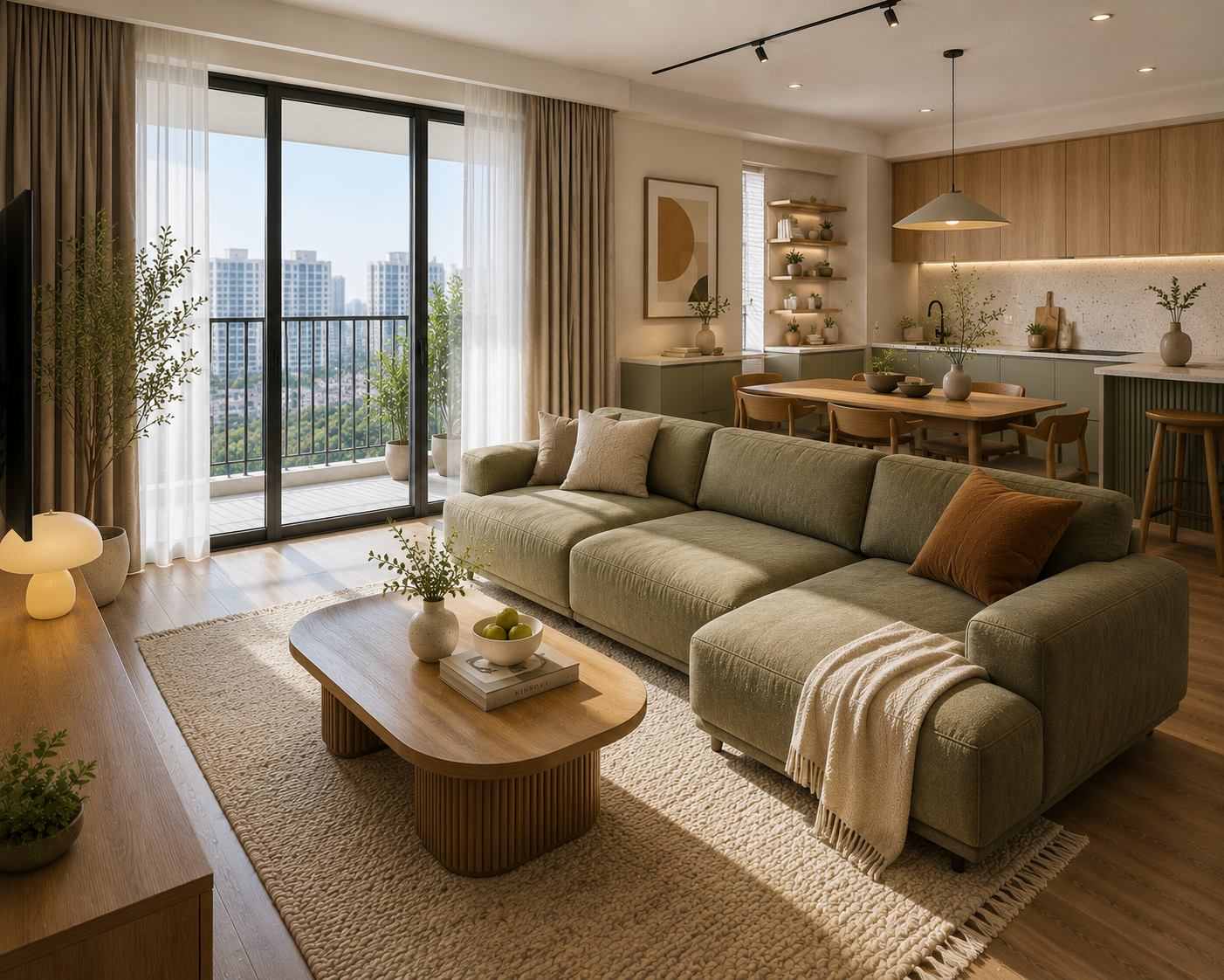 Sofa góc Scandinavian màu olive cho phòng khách chung cư gia đình
