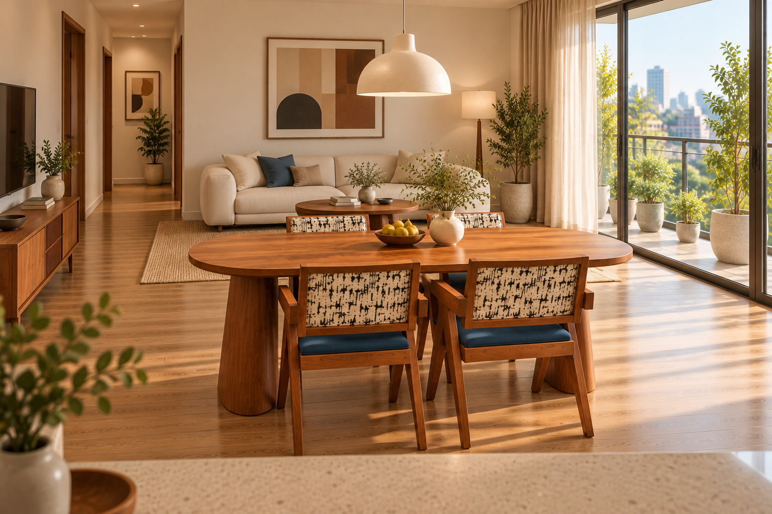 bộ bàn 4 ghế ăn jeanneret bọc vải cozy g0043 cho căn hộ mid century
